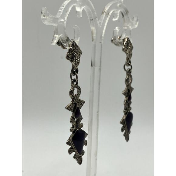 Purple Silver-Tone Art Nouveau Marcasite Drop 2.5" Earrings! - Picture 10 of 12